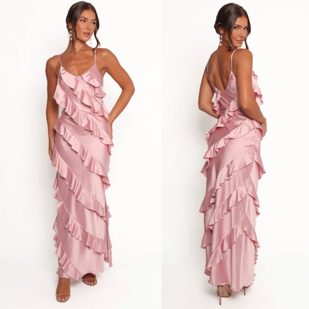 Petal + Pup Ciao Ruffles Maxi Satin Dress in Pink NEW - Picture 2 of 8